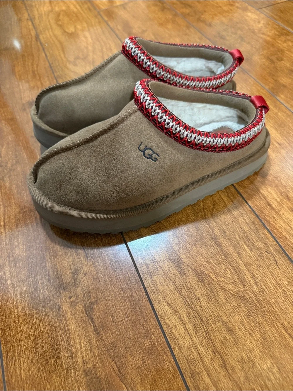 UGG Kids Chestnut Suede Slip-On Clog with Red Trim